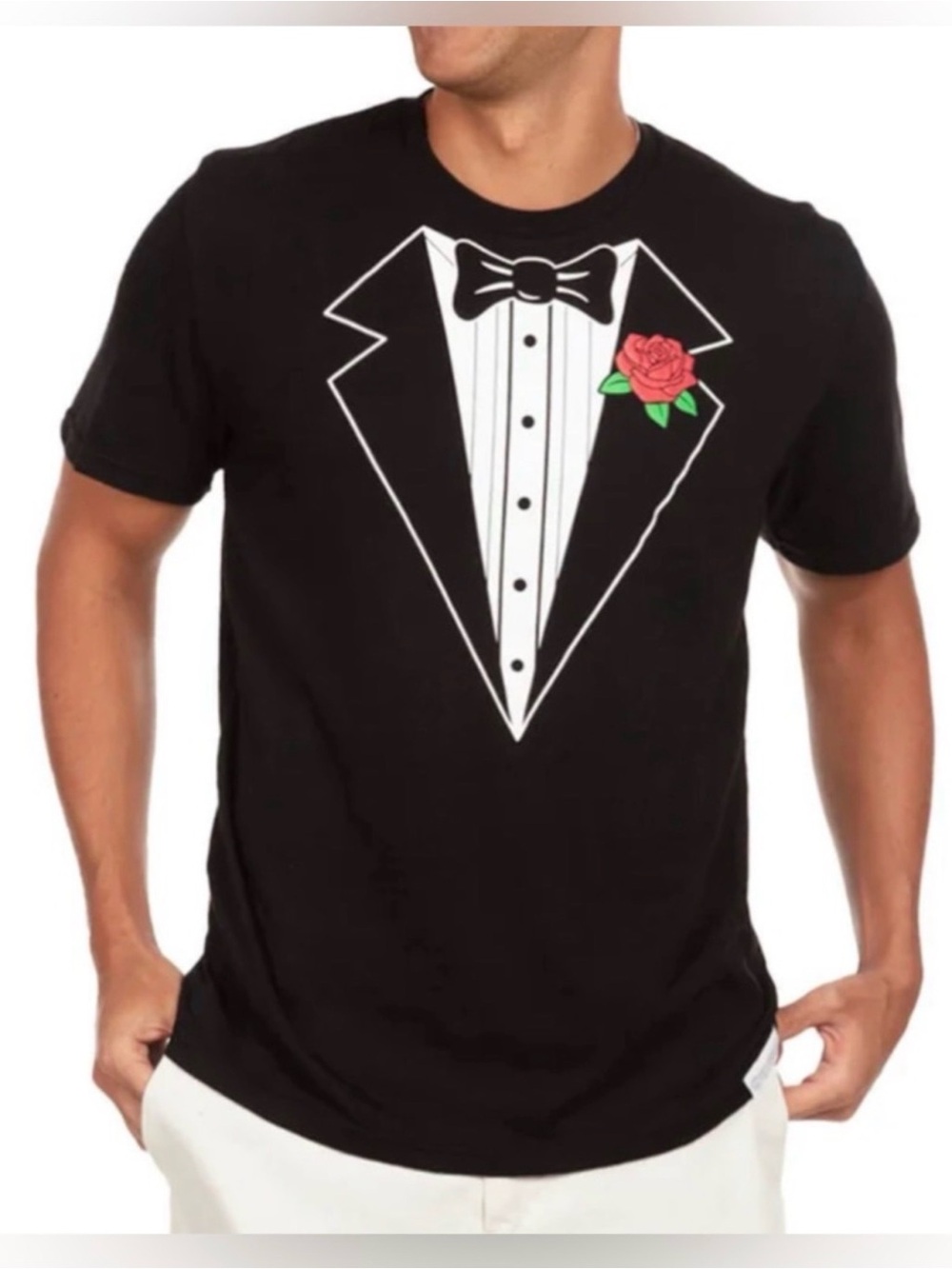 Tipsy Elves Black Tux Graphic Short-Sleeve Tee with Red Rose